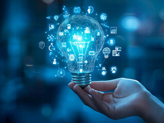 Aufkleber - A hand holds a glowing lightbulb with digital icons floating around it
