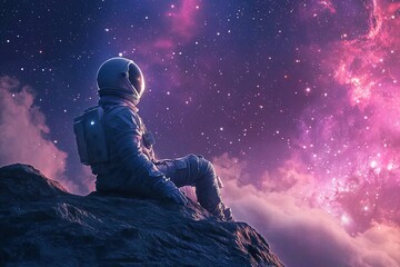 Wall Mural - an astronaut in a white spacesuit and helmet sits on a rock on an asteroid and admires the colorful 