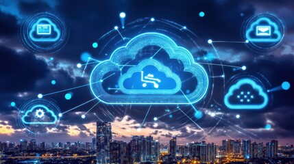 Poster - Blue Cloud Computing Network Over Illuminated Cityscape