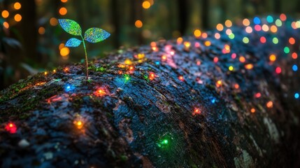 Aufkleber - A Spark of Life Amidst Festive Lights on a Mossy Log