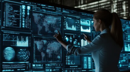 Poster - Woman Interacting with a Large Screen Displaying Data and a World Map