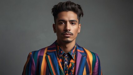 Fashionable homosexual man posing in studio - Fluid gender non binary hispanic man posing in studio with fashionable clothing - concepts about LGBTQ, genderless and diversity