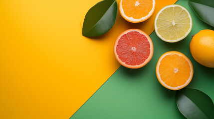 Colorful citrus fruits on yellow-green background, vibrant tropical design with copy space