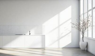 Front view on bright kitchen interior with empty white wall