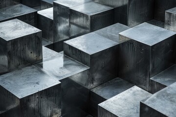 Poster - Abstract background showing many metal cubes forming a modern structure with water reflecting on top