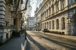 © juliars - Empty street lined with historic architecture bathed in the warm glow of morning sunlight in london, england