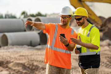 Two builders in a hard hat is busy working on a construction project at a site. A builders workes in a helmet near building construction sites.