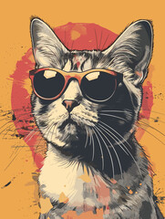 Naklejka na meble Cute cat with sunglasses on grunge background. Vector illustration.