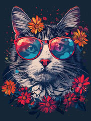  Vector illustration of cat with glasses and flowers on dark blue background.