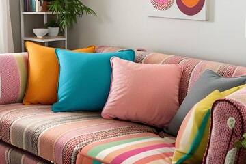 closeup of colorful pillows and sofa in living room with artwork poster on the wall and plants indoor