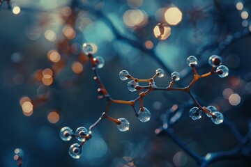 Poster - Beautiful branch covered with water drops is sparkling on blurred background with bokeh