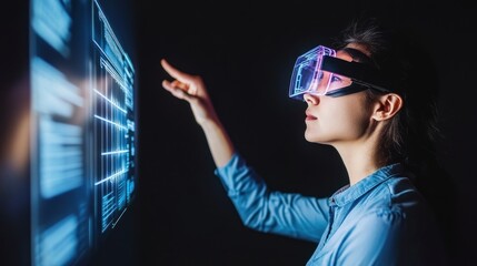 Poster - Woman Wearing VR Headset Interacting With Digital Interface