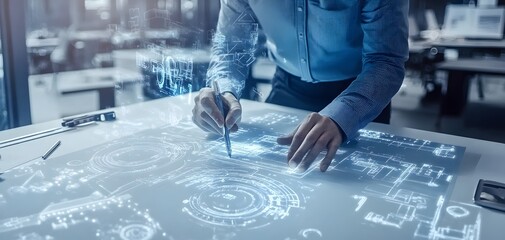 Poster - A professional using a digital pen to create futuristic designs on a touchscreen table in a modern office environment.
