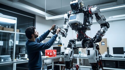 Poster - A scientist works closely with a humanoid robot in a modern laboratory, showcasing innovation and technology in robotics.