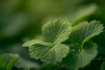 Symbol of Luck: Magnificent Close-up View of a Dew-kissed Irish Clover Leaf against a Green Backdrop