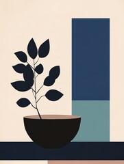 Wall Mural - A stylish plant in a bowl stands out against a backdrop of geometric shapes in calming hues, ideal for modern decor