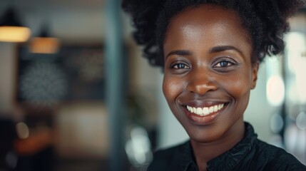 Wall Mural - Confident businesswoman smiling in an office, showcasing leadership and a positive attitude as a professional employee