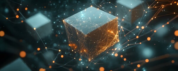 Poster - Abstract digital cube with glowing connections, representing data, technology, and innovation in a modern digital landscape.