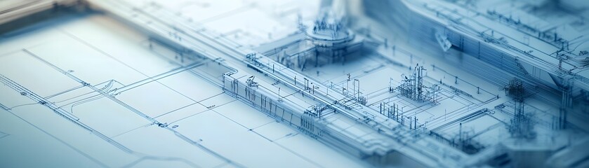 Poster - An abstract view of technical blueprints highlighting intricate design elements and structures in a soft blue hue.