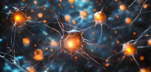 Poster - An abstract representation of neurons with glowing synapses, illustrating complex neural connections and communication in the brain.