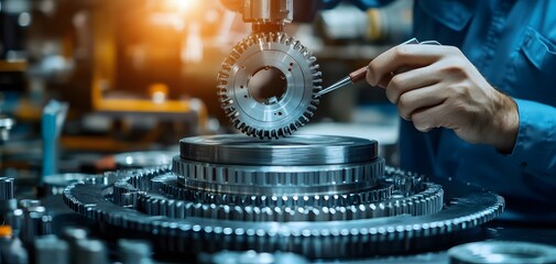 Poster - Close-up of a technician assembling machinery components in a workshop, showcasing precision and attention to detail in engineering.