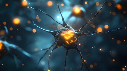 Poster - Close-up view of an illuminated neuron, showcasing its intricate structure and glowing connections against a dark, vibrant background.