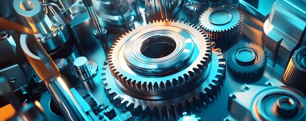 Poster - Close-up view of intricate gears and machinery components, showcasing vibrant details and modern engineering aesthetics.