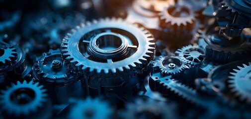 Poster - Close-up view of interlocking gears showcasing intricate details and textures, perfect for engineering and technology themes.