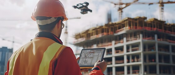 Construction worker using tablet to monitor progress at a building site with a drone flying overhead.