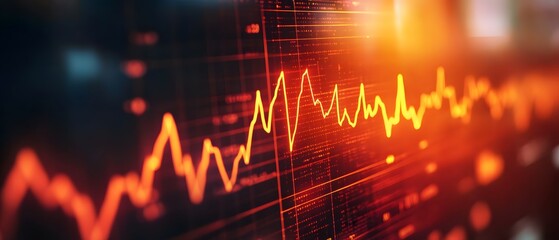 Fototapete - Dynamic graph with vibrant orange lines representing data trends and fluctuations in a digital environment.