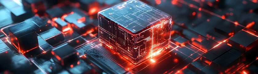 Poster - Futuristic 3D cube design with glowing red and blue elements, showcasing modern technology and digital aesthetics.