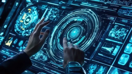 Poster - Hands Interacting with a Futuristic Digital Interface