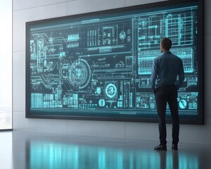 Poster - a businessman analyzes futuristic digital data on a large screen, showcasing advanced technology and