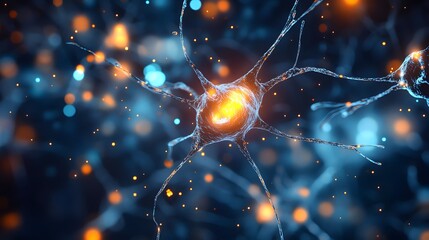 Poster - A captivating close-up view of a neuron with vibrant light reflections, showcasing the complexity of neural connections.