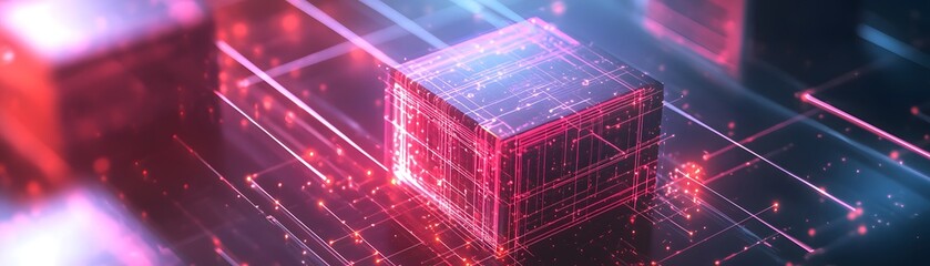 Poster - A futuristic digital cube design with vibrant neon lights, showcasing advanced technology and abstract visual elements.