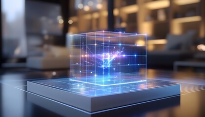 Poster - A futuristic glowing cube showcasing vibrant digital connections in a modern interior setting.
