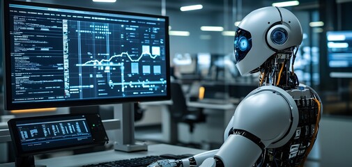 Poster - A futuristic robot analyzing data on a high-tech screen, illustrating the intersection of technology and artificial intelligence.