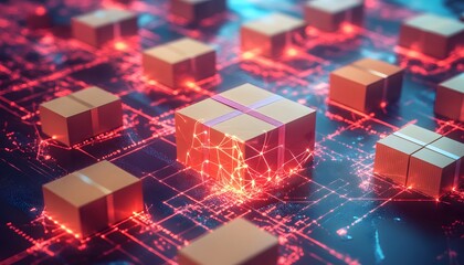 Poster - A futuristic scene featuring glowing cubes amidst a digital circuit pattern, symbolizing technology and innovation.