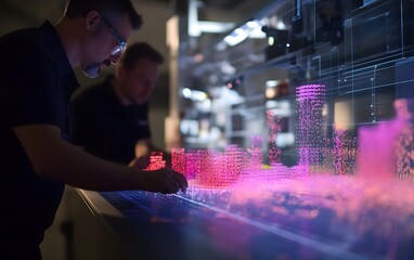 Poster - A futuristic workspace where individuals interact with holographic urban designs, showcasing technology and creativity.