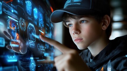 Aufkleber - Boy Interacting with Futuristic Interface