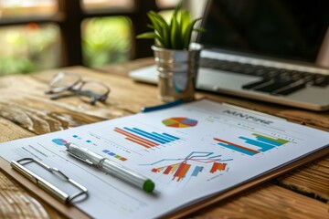 Poster - Businessman is analyzing financial charts and graphs displaying market data on a clipboard