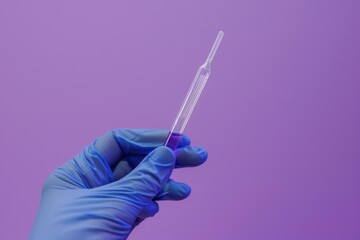 Poster - Scientist wearing blue gloves is holding a pasteur pipette filled with purple liquid, conducting research in a laboratory setting