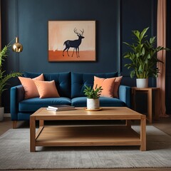 modern living roomdern living room in blue colors with peach fuzz colors detail and wooden table