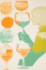 A woman in a green sweater holds a glass of wine in front of a vintage graphic design depicting wine glasses.