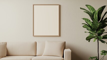 Wall Mural - Cozy living room with a blank frame and a green plant on a neutral wall.