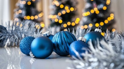 Wall Mural - Blue Christmas ornaments with festive bokeh lights and silver garland, festive holiday decoration background.