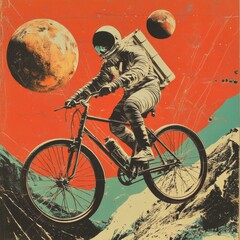 Astronaut riding a bicycle on a rocky terrain, with two planets in the background.