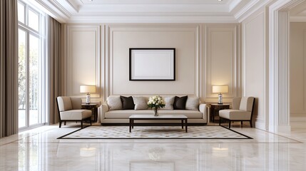 Wall Mural - Elegant living room interior design with soft furniture and natural light.