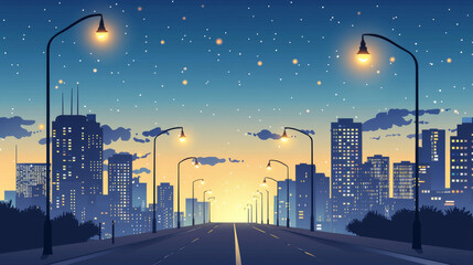 Vector background depicting a flat city road featuring city buildings, streetlights, a clear sky, and clouds, all designed in a flat illustration style.






