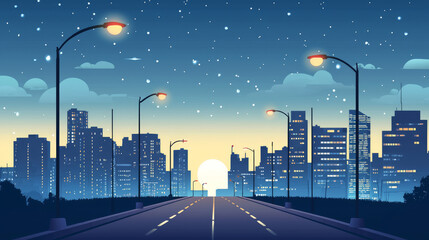 Vector background depicting a flat city road featuring city buildings, streetlights, a clear sky, and clouds, all designed in a flat illustration style.






